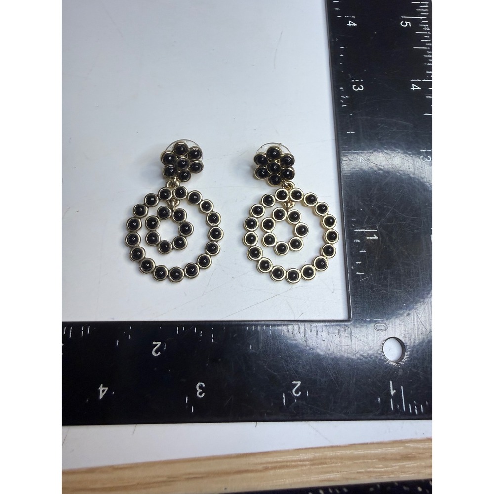 Gold Tone Black Cabochon Floral Concentric Circle Drop Dangle Post Earrings